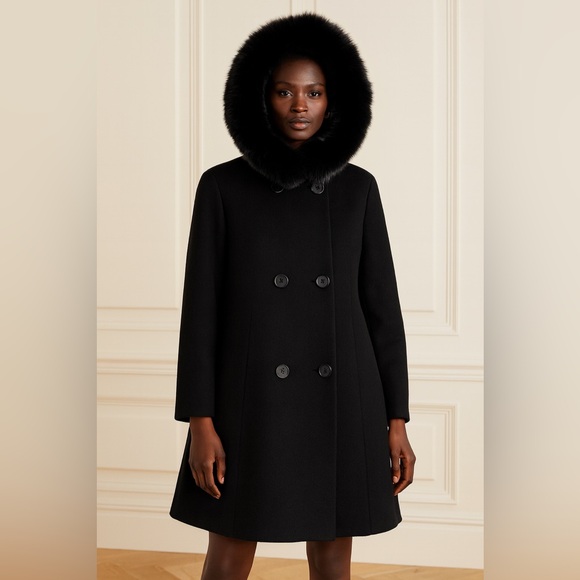 Loro Piana Jackets & Blazers - Loro Piana Fleurette Black Wool Double Breasted Coat Genuine Fox Fur Trim Sz 22